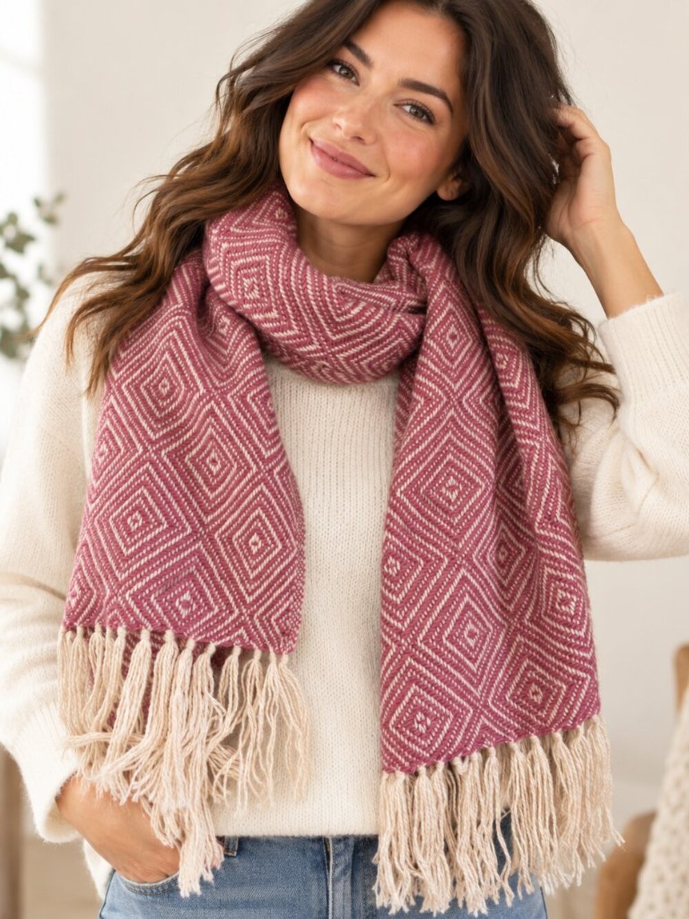 Beautiful Rose & Cream Geometric Woven Scarf with Fringe